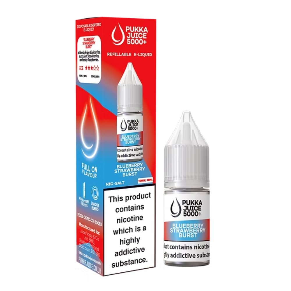 Pukka Juice 5000+ Nic Salts e liquids 10ml Blueberry Strawberry Burst 20mg