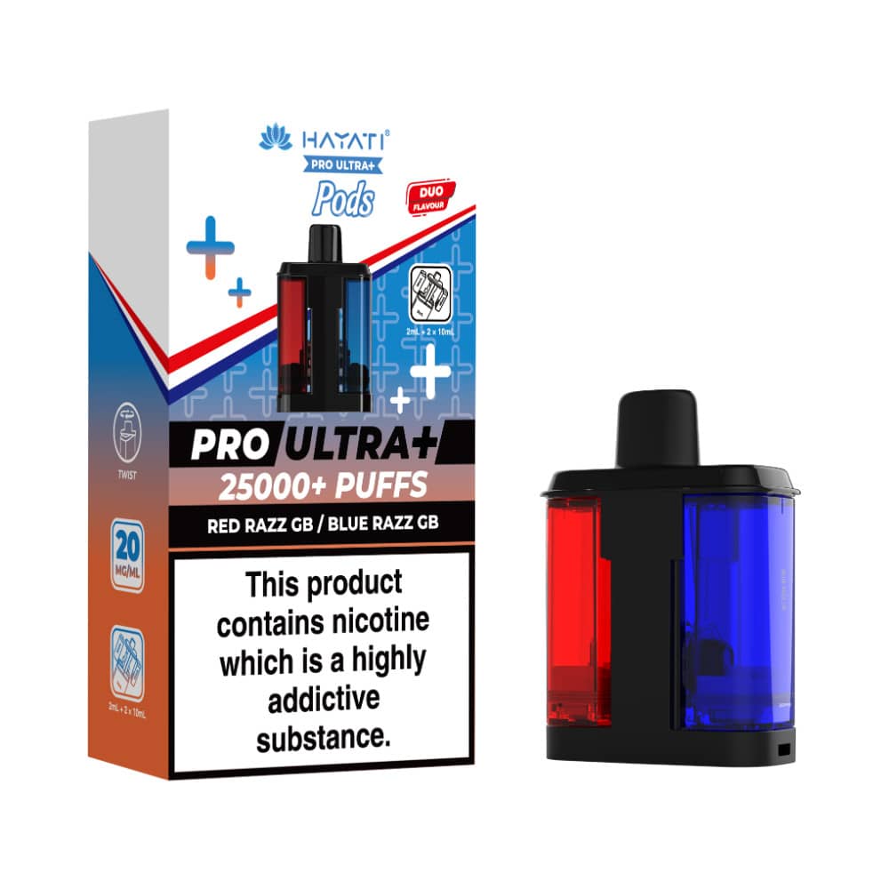 Hayati Pro Ultra Plus 25K Pods Red Razz GB Blue Razz GB